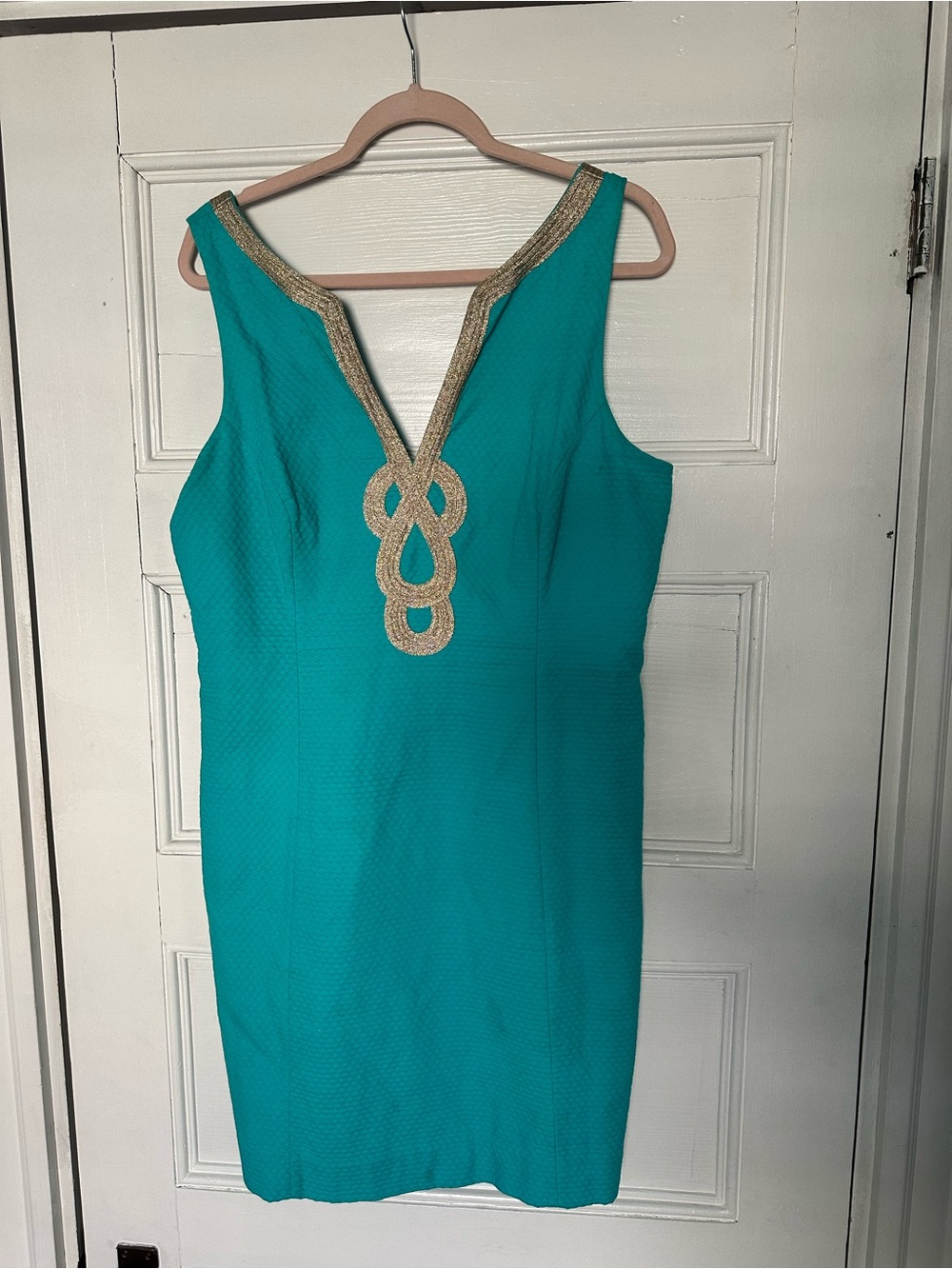 Lilly Pulitzer Janice Shift Dress Turquoise Aqua Gold Trim Size 14 - Picture 2 of 4